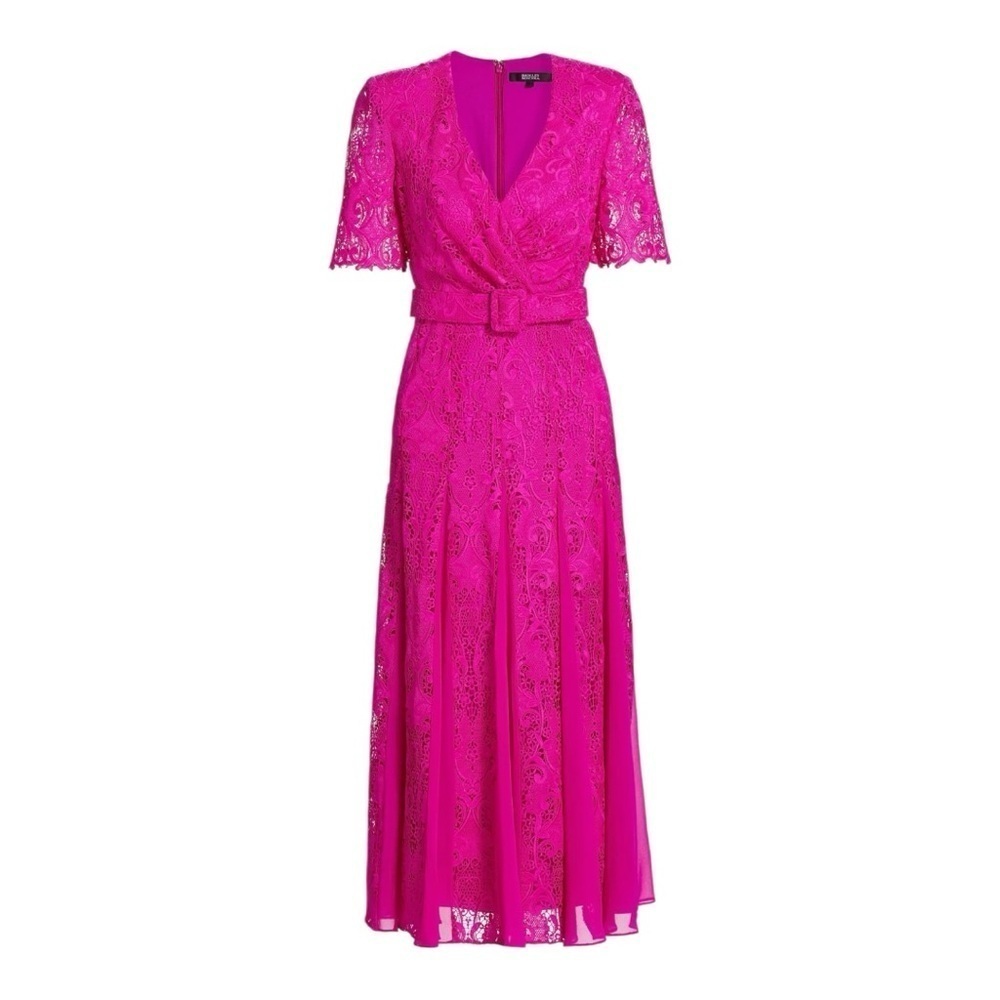 NWT! Badgley Mischka Fuchsia Lace Georgette Belted Midi-Dress. Size 0.